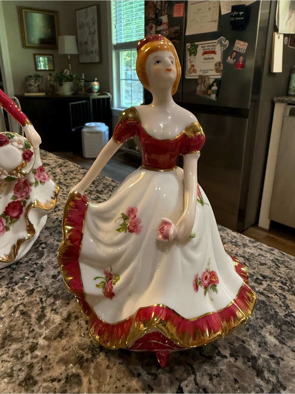 Porcelain Figurine Decorative Lady in Red and White Dress